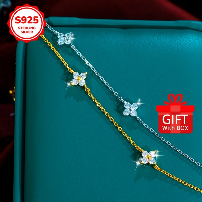 Four Leaf Clover 925 Silver Bracelet with Zirconia for Girlfriend